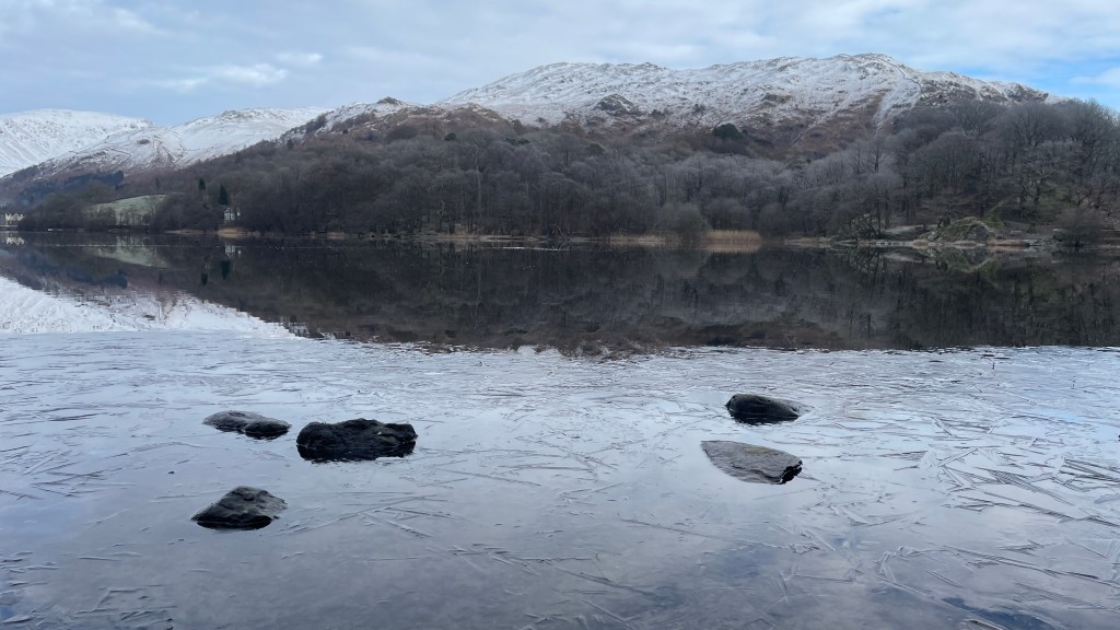 A frozen Rydal Water towards Nab Scar